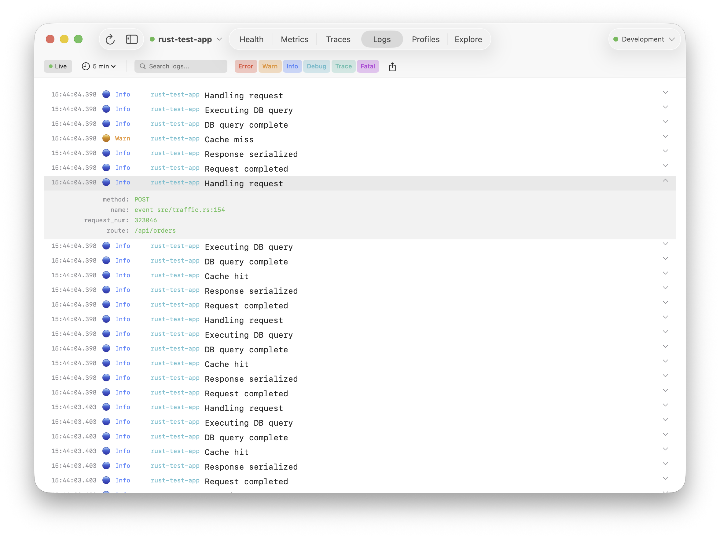 Sequins app showing logs