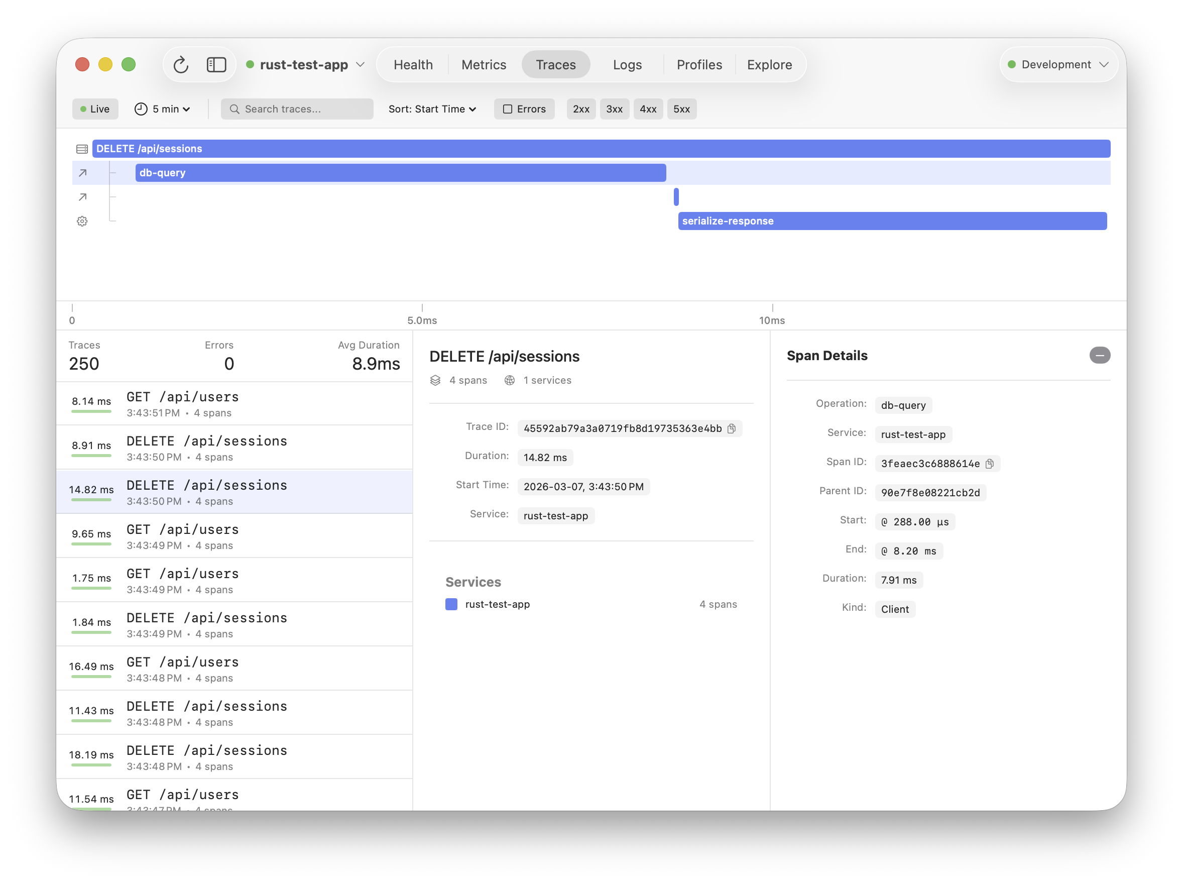 Sequins app showing distributed traces